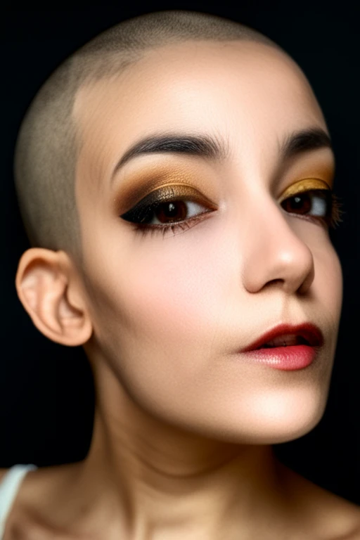 Beautiful 22 year old woman, (close-up, editorial photograph of [[a dead bird, (masterpiece:1.2), wide angle photo]], (background inside dark, moody, private study:1.3), full body portrait, by lee jeffries, nikon d850, film stock photograph, 4 kodak portra 400, camera f1.6 lens, rich colors, hyper realistic, lifelike texture, dramatic lighting, cinestill 800, Shaved bald head, Dark Hazel eyes, Eye contact
