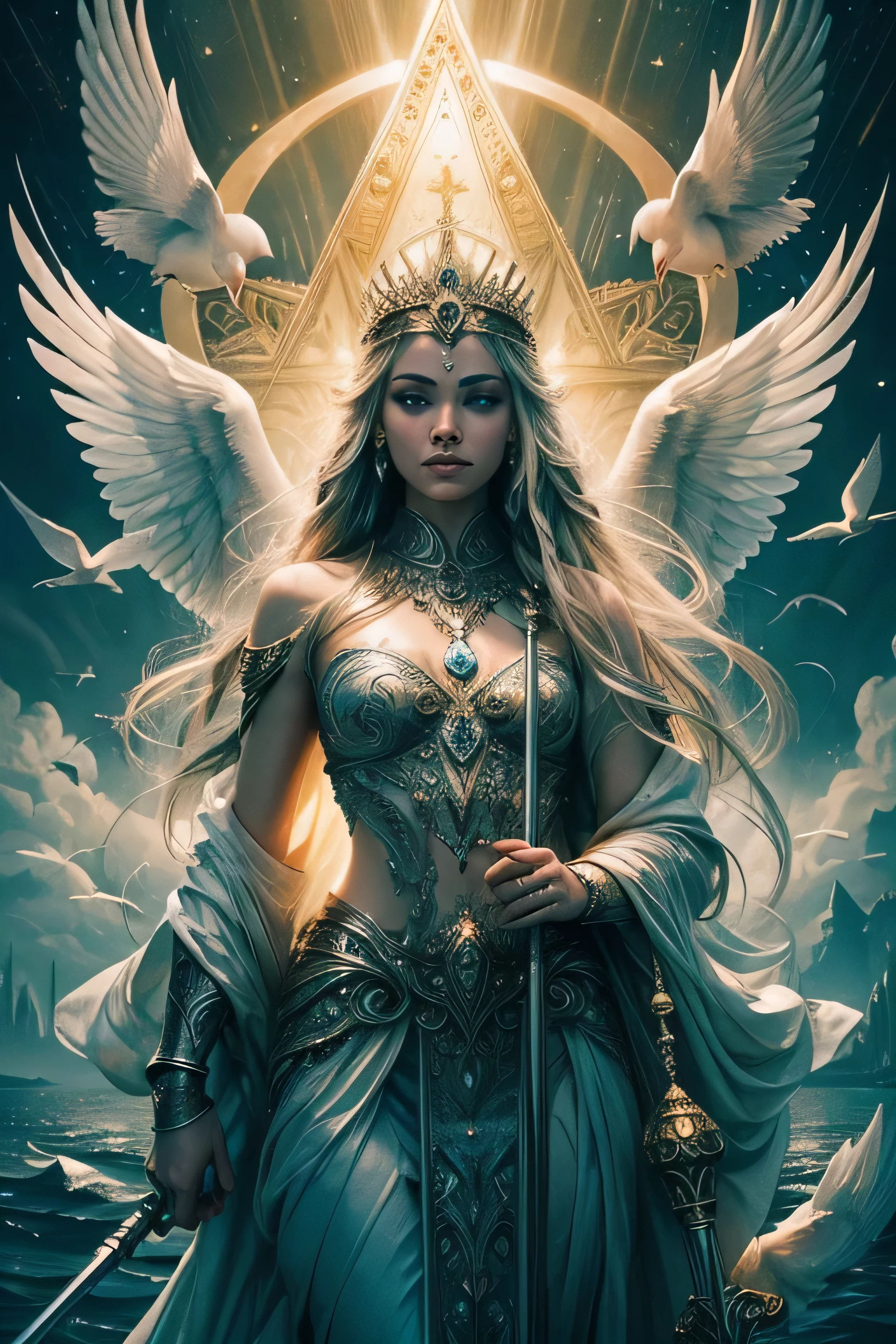 A mystical Atlantean woman stands poised in a futuristic boat made of diamonds, holding a long ornate staff crowned with a sacred dove. She emanates serenity and divine grace against a backdrop where storm clouds clash with beams of golden light. Additional doves soar around her, representing heavenly guidance amidst turmoil. The scene is rich in symbolism, capturing the essence of tranquility and divine intervention in times of chaos.