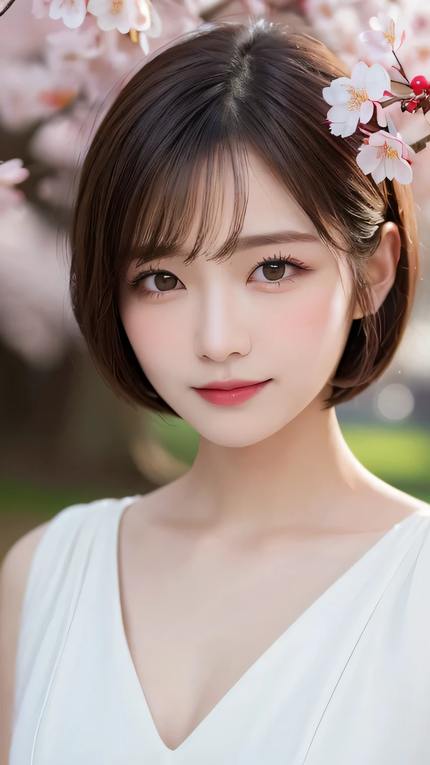 ((Highest quality, 8k, masterpiece:1.3)), concentrate: 1.2, Perfect Body Beauty: 1.4, Hips: 1.2, ((Bob Hair, chest: 1.2)), (Sexy Costumes: 1.1) , (Cherry blossom scenery:1.3), White Dress: 1.1, Highly detailed face and skin texture, Delicate eyes, double eyelid, White skin,smile,Light Hair Color