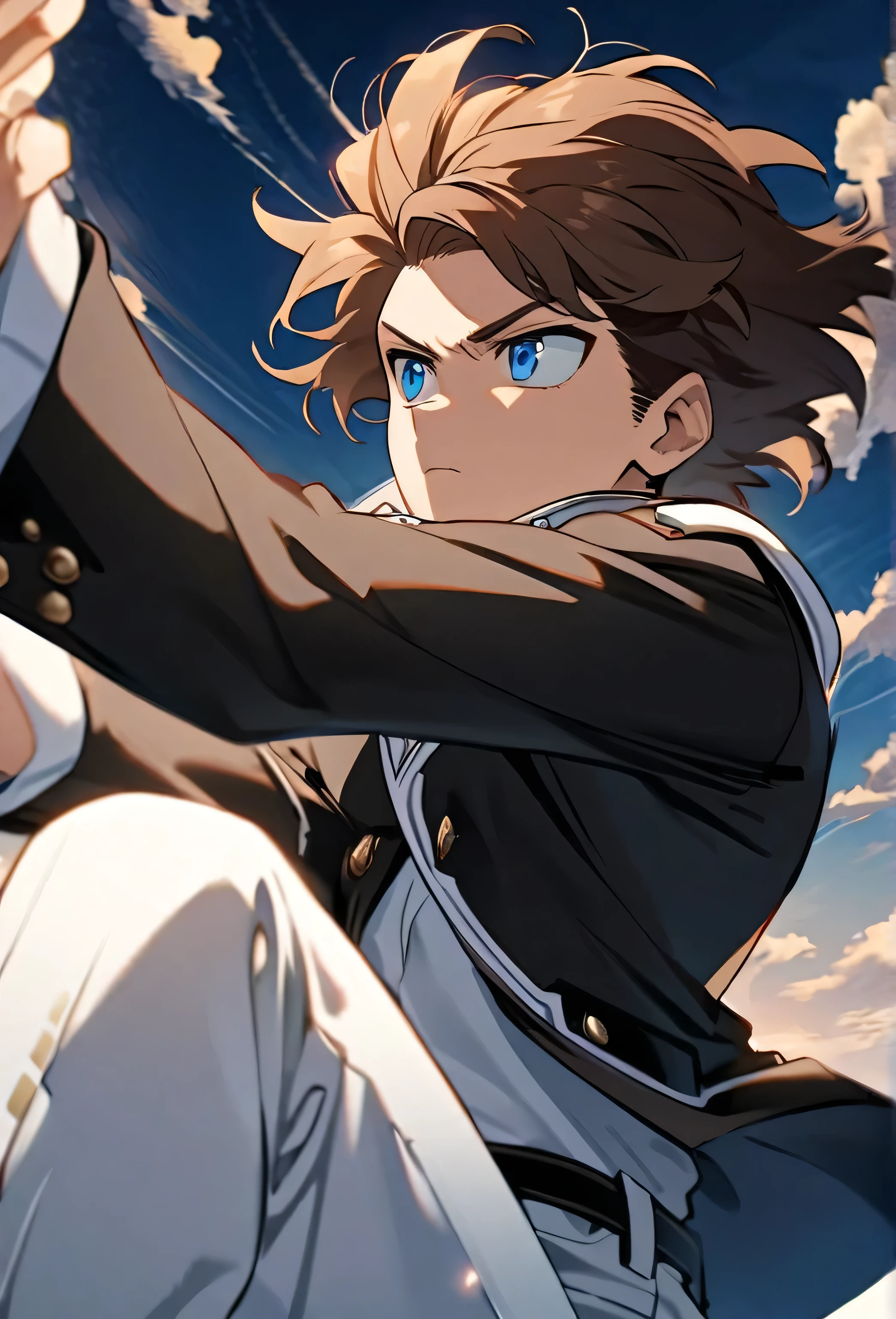 A serious brown-haired, Wavy shoulder-length blue-eyed ************ boy, With a black jacket with white details and white pants, Good anatomy, great pose, just, Scene in the sky, character falling, calm, clear, sky, clouds, Boku no hero academy style