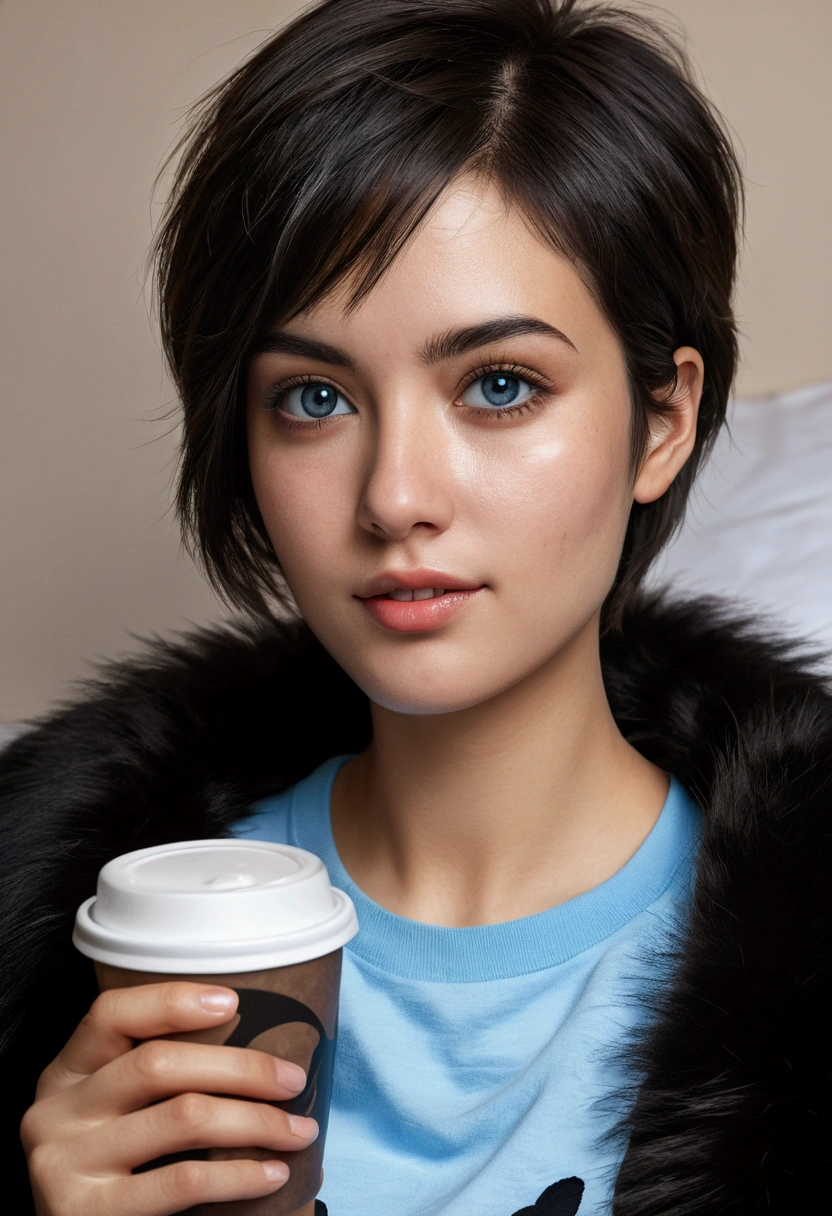 Instagram photo,(High resolution:1.3), (8k, photorealistic, Best Quality: 1.4), Honduran, (1 girl), beautiful face, (realistic face), 30 years, Physical aptitude, (black fur, short hair:1.3), blue eyes,  muscular, very attractive face, amateur style photos, T-shirt with drawing of a panda, Cowboys, tennis,  sitting on a bed,  with cup of coffee, very pretty woman