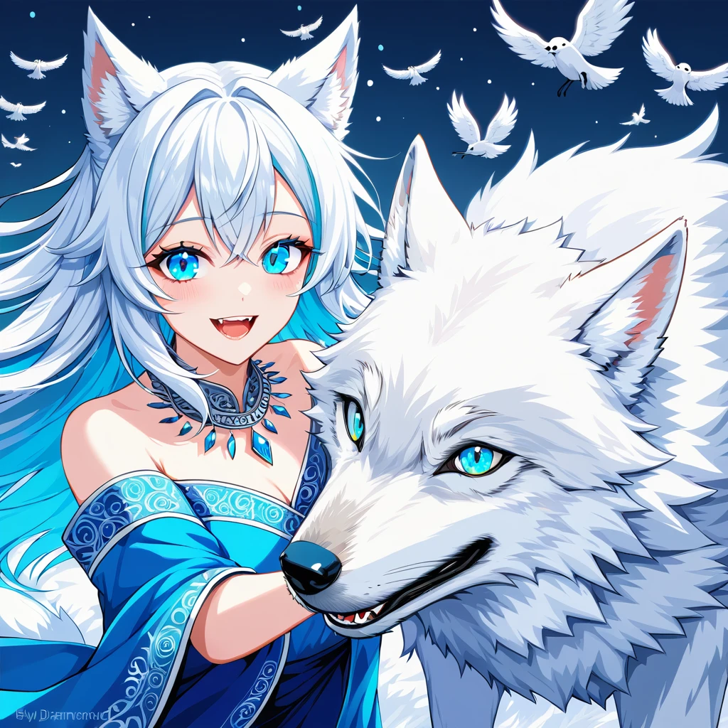 white wolf, animal, cheerful eyes, fly away, kwai, with diamond details. smiling, blue hairs