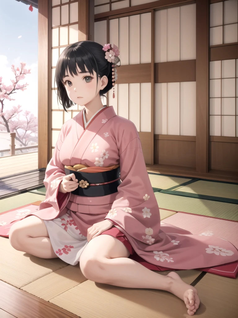 miharuga, 1girl, solo, japanese clothes, kimono, wooden floor, seiza, looking at viewer, long sleeves, dojo, tree, sky, petals