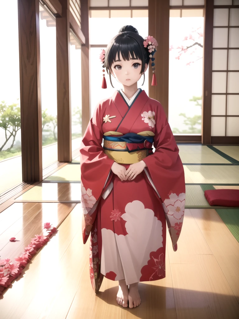 miharuga, 1girl, solo, japanese clothes, kimono, wooden floor, seiza, looking at viewer, long sleeves, dojo, tree, sky, petals