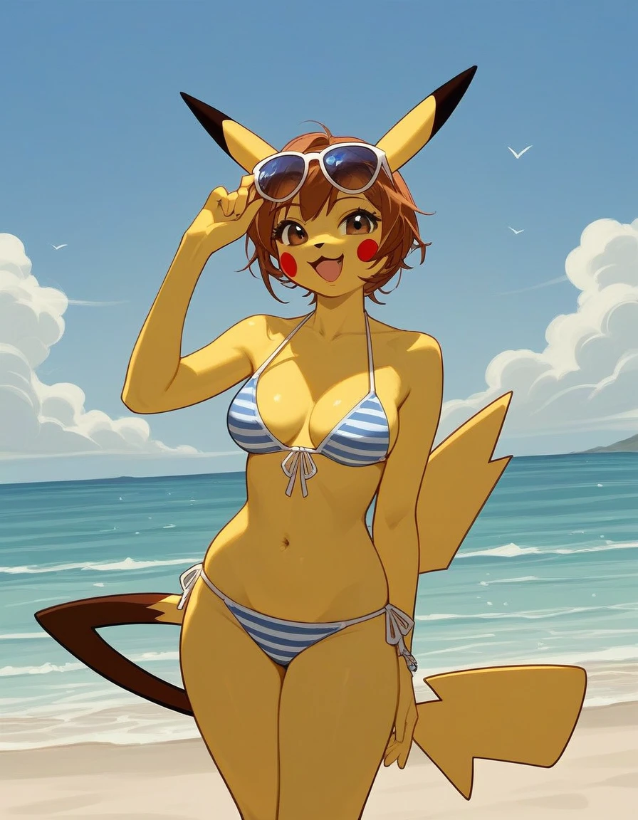 alone, score_9,score_8_up,score_7_up, anthro female pikachu, blue stripped bikini, beach background, standing, happy, sunglasses.