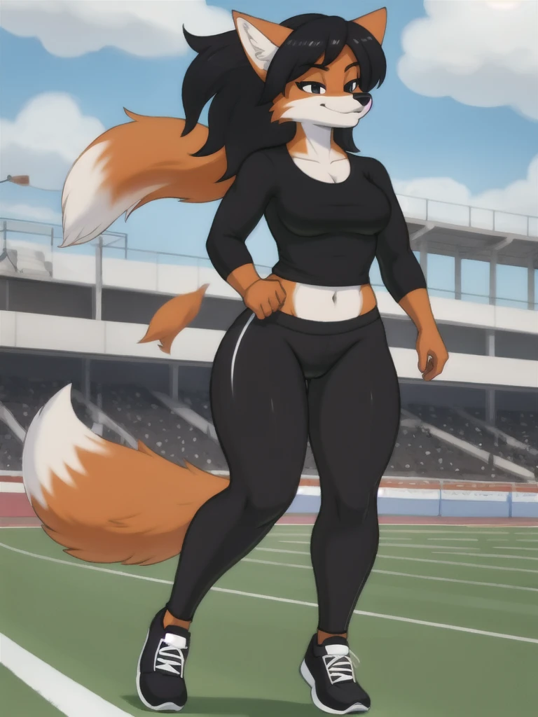 Furry, fox, female, black shirt, black leggings, shoes, running track, friends, full body