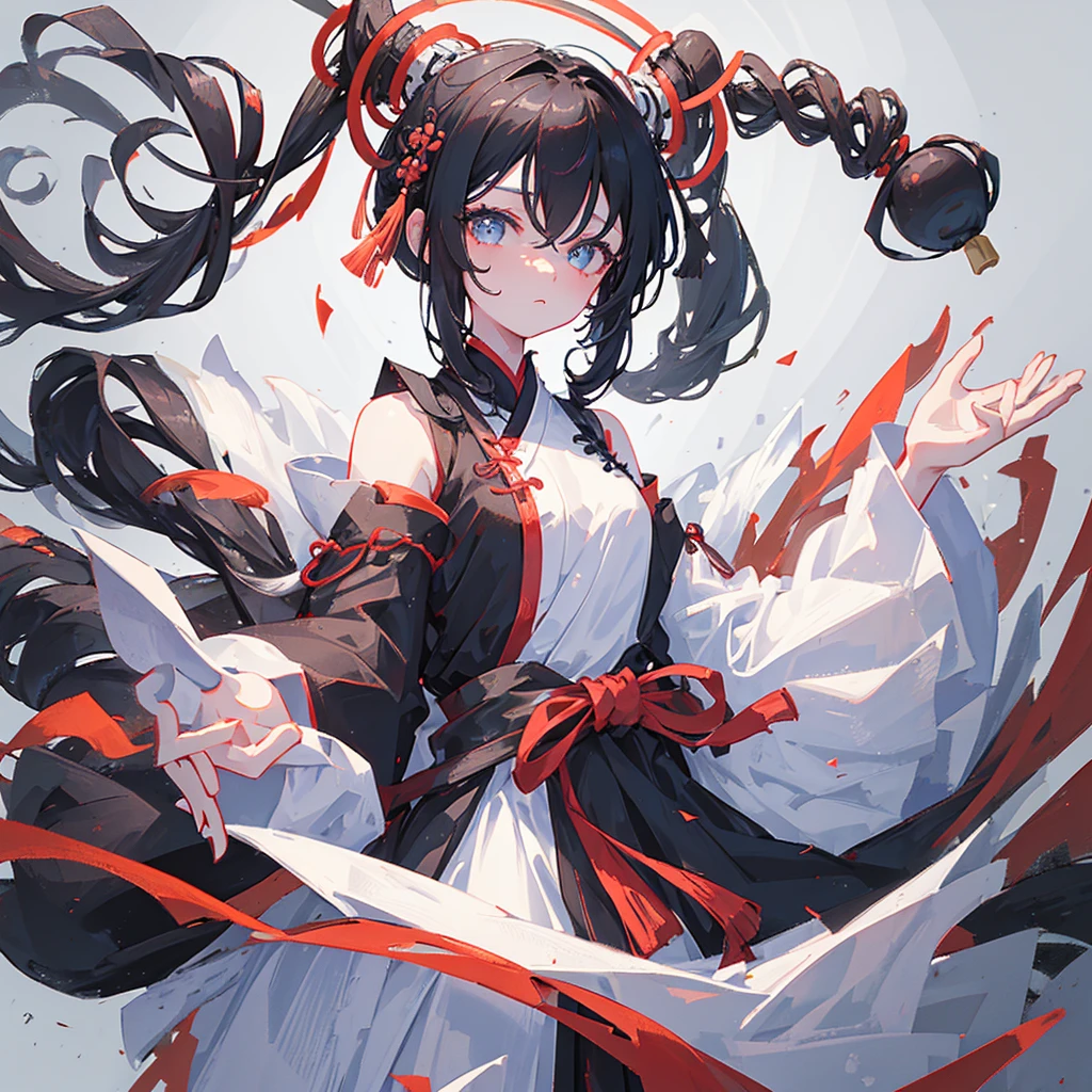 A girl wearing Hanfu,The clothes are black and white,The hair is black and white,Holding Go chess pieces,Ancient China,Black and white style,((Pure white background))