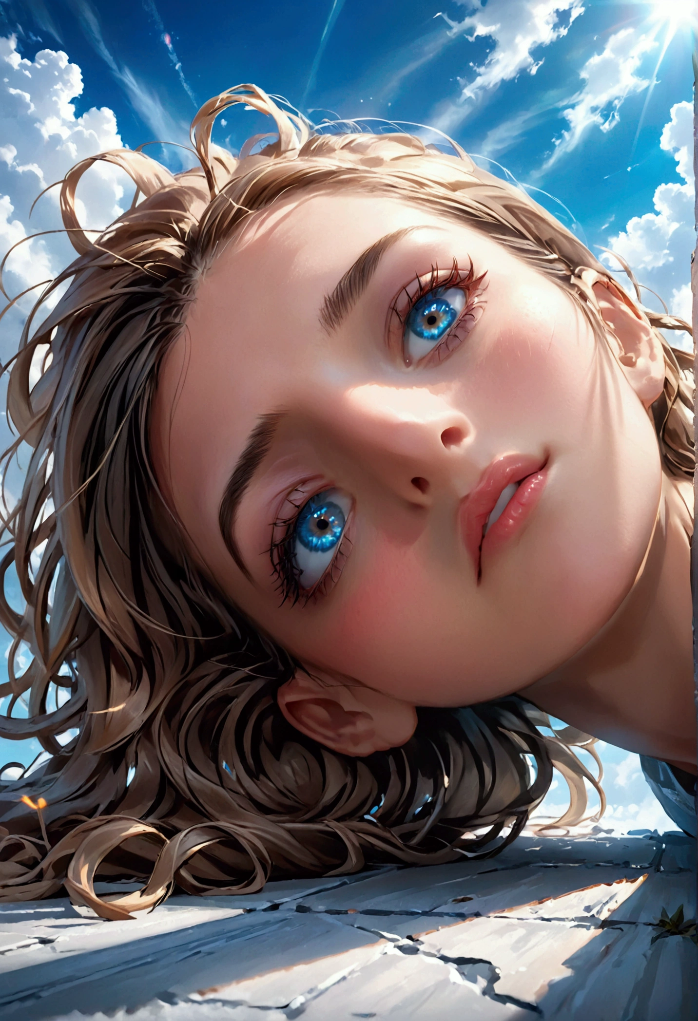 a woman facing sideways, looking at the camera, blue sky, dramatic blue lighting, beautiful detailed eyes, beautiful detailed lips, extremely detailed eyes and face, long eyelashes, photorealistic, 8k, hyperdetailed, cinematic lighting, natural lighting, dramatic colors, vibrant colors, intricate details, high quality, masterpiece, digital art, portrait