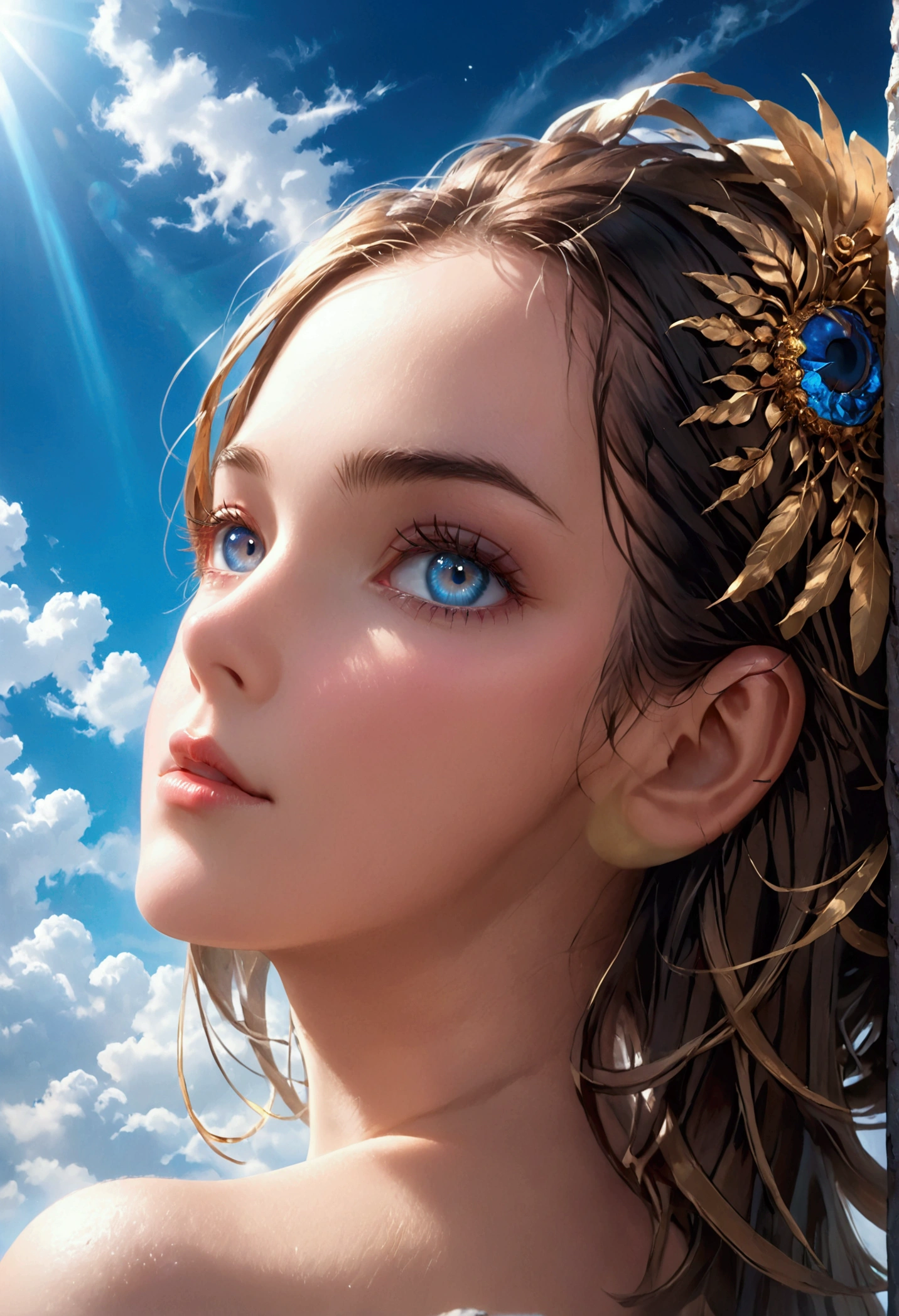 a woman facing sideways, looking at the camera, blue sky, dramatic blue lighting, beautiful detailed eyes, beautiful detailed lips, extremely detailed eyes and face, long eyelashes, photorealistic, 8k, hyperdetailed, cinematic lighting, natural lighting, dramatic colors, vibrant colors, intricate details, high quality, masterpiece, digital art, portrait