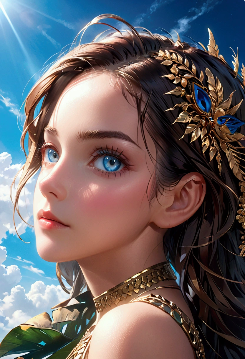 a woman facing sideways, looking at the camera, blue sky, dramatic blue lighting, beautiful detailed eyes, beautiful detailed lips, extremely detailed eyes and face, long eyelashes, photorealistic, 8k, hyperdetailed, cinematic lighting, natural lighting, dramatic colors, vibrant colors, intricate details, high quality, masterpiece, digital art, portrait