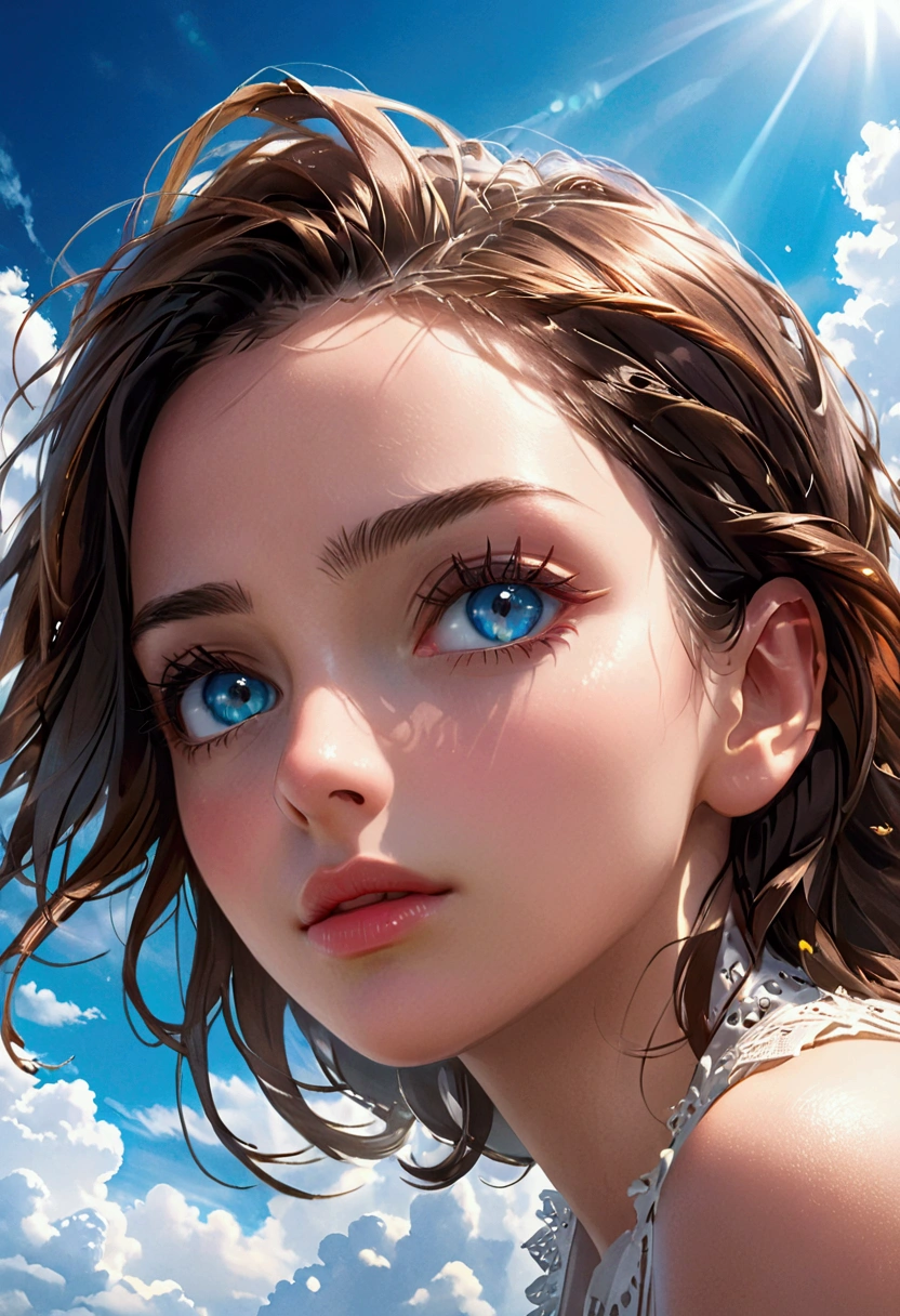 a woman facing sideways, looking at the camera, blue sky, dramatic blue lighting, beautiful detailed eyes, beautiful detailed lips, extremely detailed eyes and face, long eyelashes, photorealistic, 8k, hyperdetailed, cinematic lighting, natural lighting, dramatic colors, vibrant colors, intricate details, high quality, masterpiece, digital art, portrait