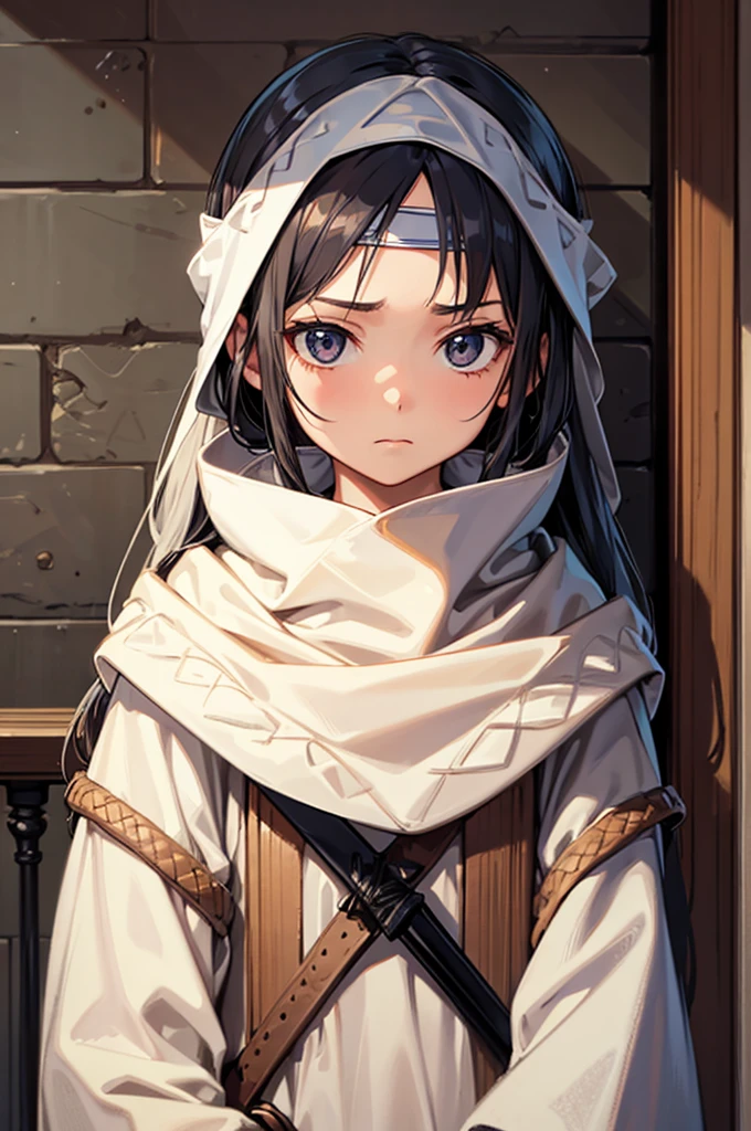 small child long hair standing cowl headband on forehead small room guarding protecting standing next to wall watching area no emotions sword on her back