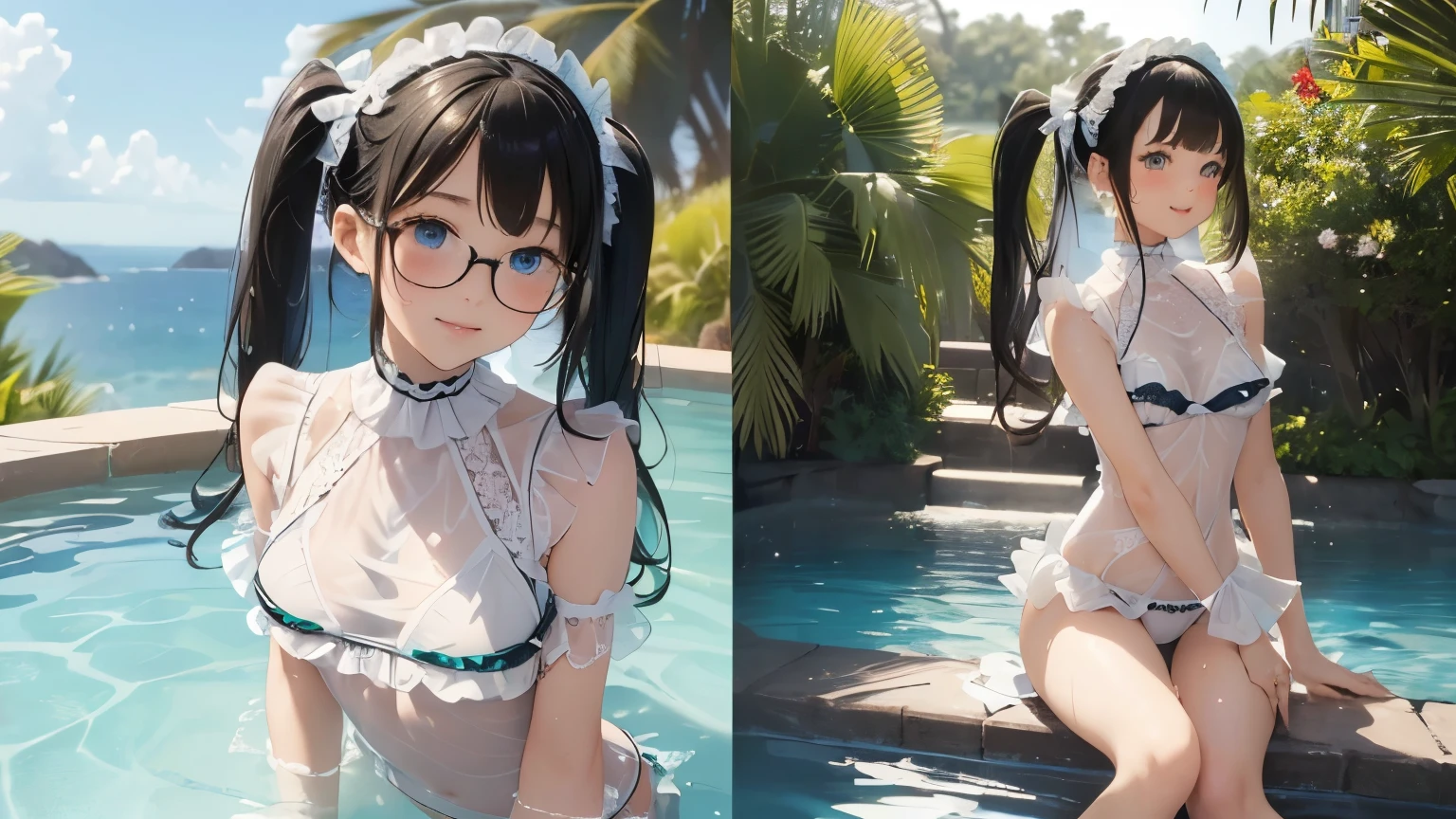((masterpiece)), ((highest quality、Ultra high definition)), (Very detailed),8k、Photo quality、((Amazingly cute girl)),)), Two people, , (Beautiful emerald blue eyes), ((smile)),In the open-air bath overlooking the sea, Beautifully arranged black hair in twin tails、Slim Body、(((A very cute see-through white bikini swimsuit with lots of lace and frills.)))、Professional Lighting、(White lace knee-highore detailed and beautiful)、(More details and cutenesore realistic)、((Just wear light clothing))、Frolic in the pool、(Too cute)、(The embodiment of cuteness)、(Cute girl with glasses)、(((The swimsuit is wet and transparent)))、(((Front and back)))、