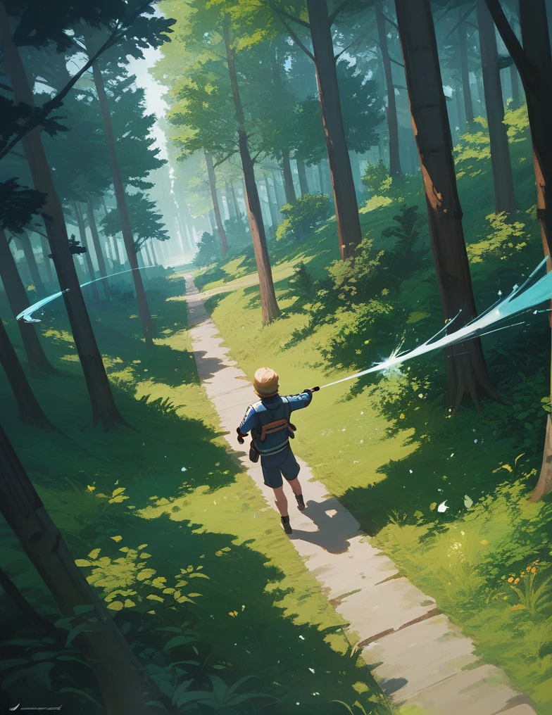 the forest, royal kart rides along the path,masterpiece, accuracy, Action painting, view from above, Horizontal display, 