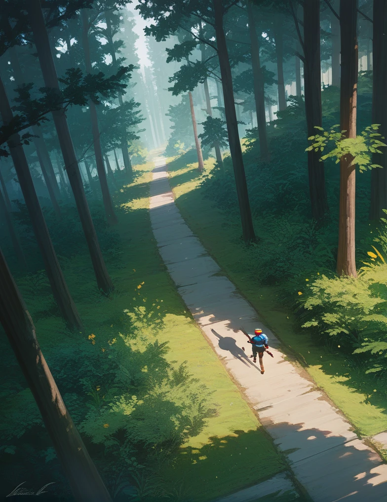 the forest, royal kart rides along the path,masterpiece, accuracy, Action painting, view from above, Horizontal display,