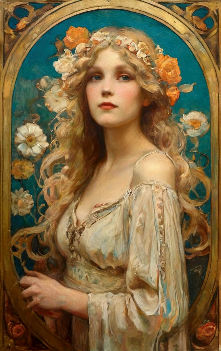 Blonde with long hair、Arafad portrait of woman with flowers in hair, Surrealism Art Nouveau, carol behind uhd, Lots of Artgerm, fly style 4k, Beautiful fantasy art portrait, Mucha Klimt and Tom Bagshaw, Artem and Alphonse Mucha, Alphonse Mucha Magali Villeneuve, Alphonse Mucha and Rose Drews