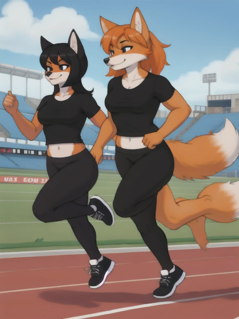 Furry, fox, female, black shirt, black leggings, shoes, running track, friends, full body