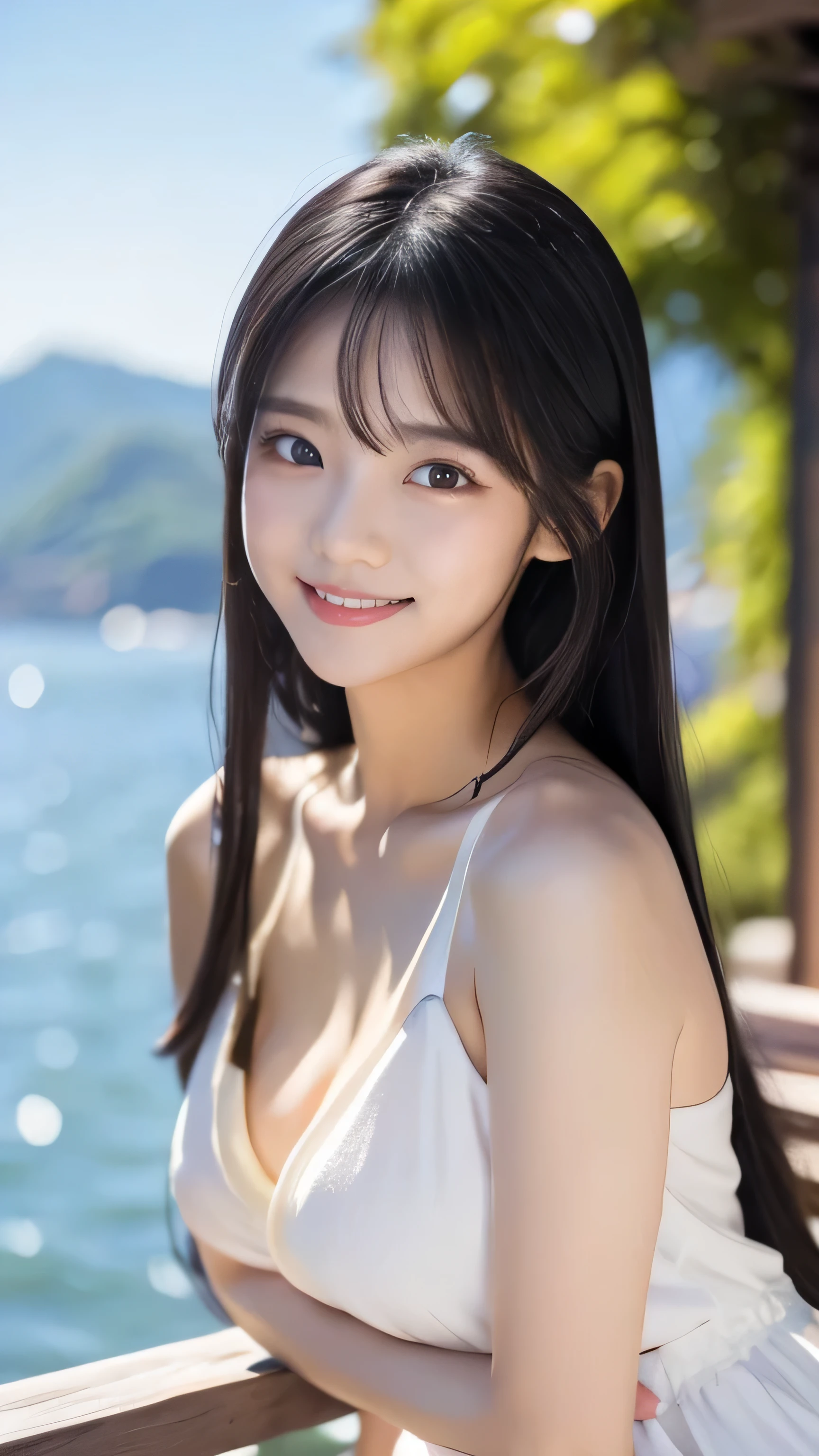 Create an ultra-realistic image of a 21-year-old Japanese woman named Kotone standing on a hill with a view of the sea. She has extremely long, perfectly straight black hair that flows down to her waist, with blunt bangs that cover her forehead. Her eyes are large, enchanting, and have double eyelids with sparkling black pupils, giving them a captivating and youthful appearance. Her face is delicate and innocent, with very thin eyebrows that frame her large, childlike eyes. She has a small mouth with sexy lips, and her skin is smooth and flawless, resembling snow in its pure white color. She has a slender and well-proportioned body with a shapely bust size of 95 cm, a height of 158 cm, a weight of 43 kg, an ideal waist size of 58.46 cm, and an ideal hip size of 86.73 cm. Her complexion is flawless, without any wrinkles, and her natural makeup enhances her features subtly, maintaining a fresh and youthful look. She embodies a perfect balance of youthful charm and mature elegance, with a cute and innocent smile that adds warmth and affection to her appearance.
Kotone should be depicted standing on a scenic hill with a stunning view of the sea in the background. Her long black hair should flow naturally in the breeze, framing her face and upper body. She is wearing a beautiful white dress that complements her slender figure, with a simple yet elegant design. Her pose should be relaxed and confident, with her arms gently at her sides or holding a small accessory, such as a sunhat. Her expression should be warm and inviting, with a friendly smile that captures her youthful charm. The lighting should be bright and natural, emphasizing the smoothness of her skin and the delicacy of her features, creating a sense of depth and realism. The background should include the sea, the sky, and the greenery of the hill, ensuring that every detail of her appearance and the picturesque environment is highlighted.