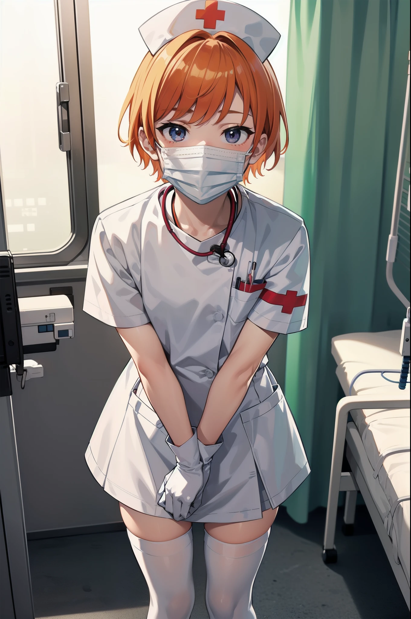 1boy, solo, male focus, nurse, nurse cap, white wear, ((white legwear, zettai ryouiki)), white gloves, short hair, orange hair, ((white surgical mask, covered nose)), standing, ((hospital room)), sharp outline, short sleeves, shota, 12 years old, best quality, masterpiece