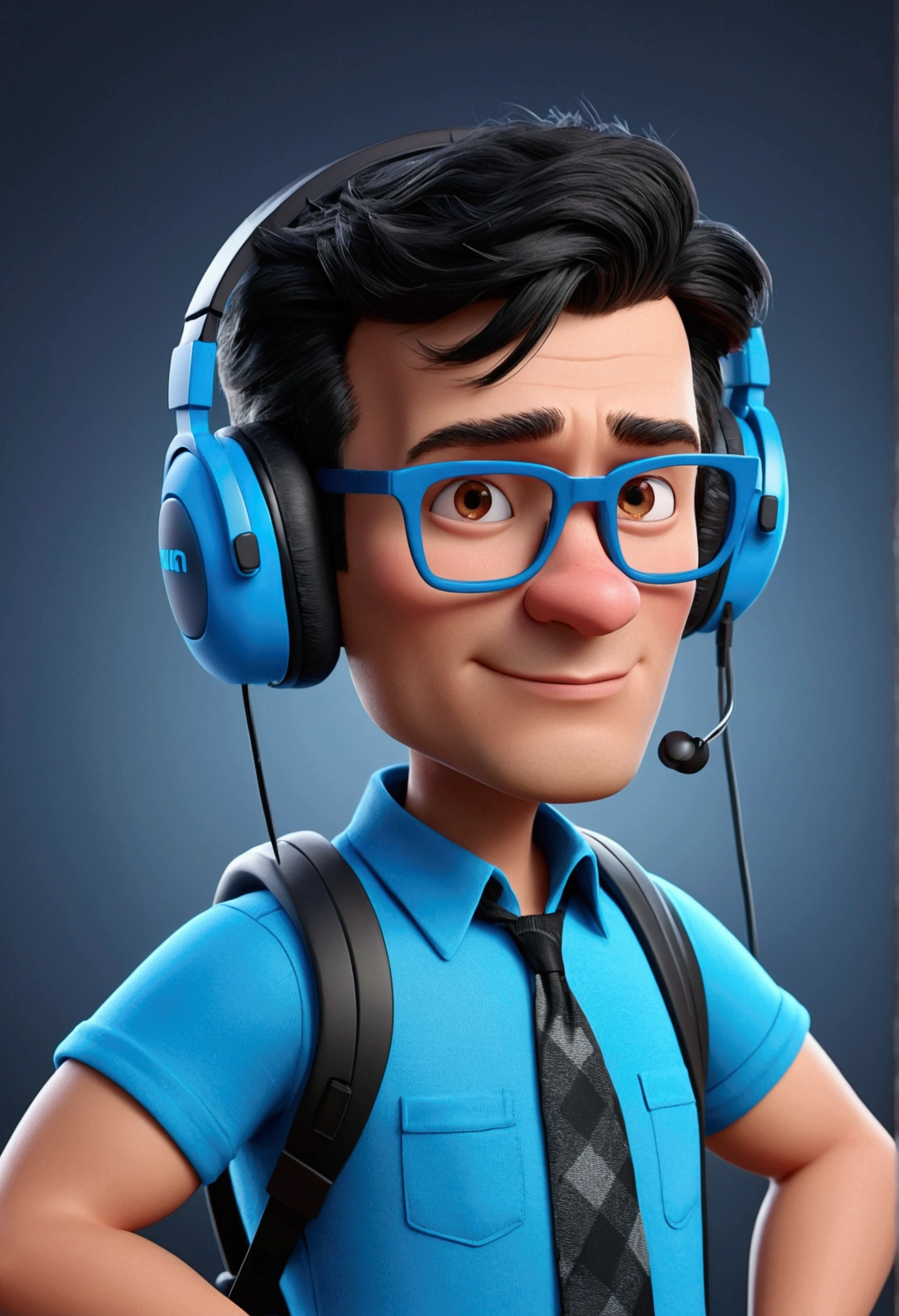 Cartoon character of a man in black glasses and blue shirt,gaming headset,animation character, stylized character, animation style rendering, 3d stylized, Arnold Maya rendering, Stylized 3D rendering, toon render screenshot, 3d character, 3d character, Stylized 3D rendering, 3D character rendering, cartoon character, Personagem de close up, character posing, (Pixar-style) (master part:1.2) (bokeh) (best qualityer) (skin detailed) (detailed texture) (8k) (Argilla) (cinematic lighting) (sharp focus