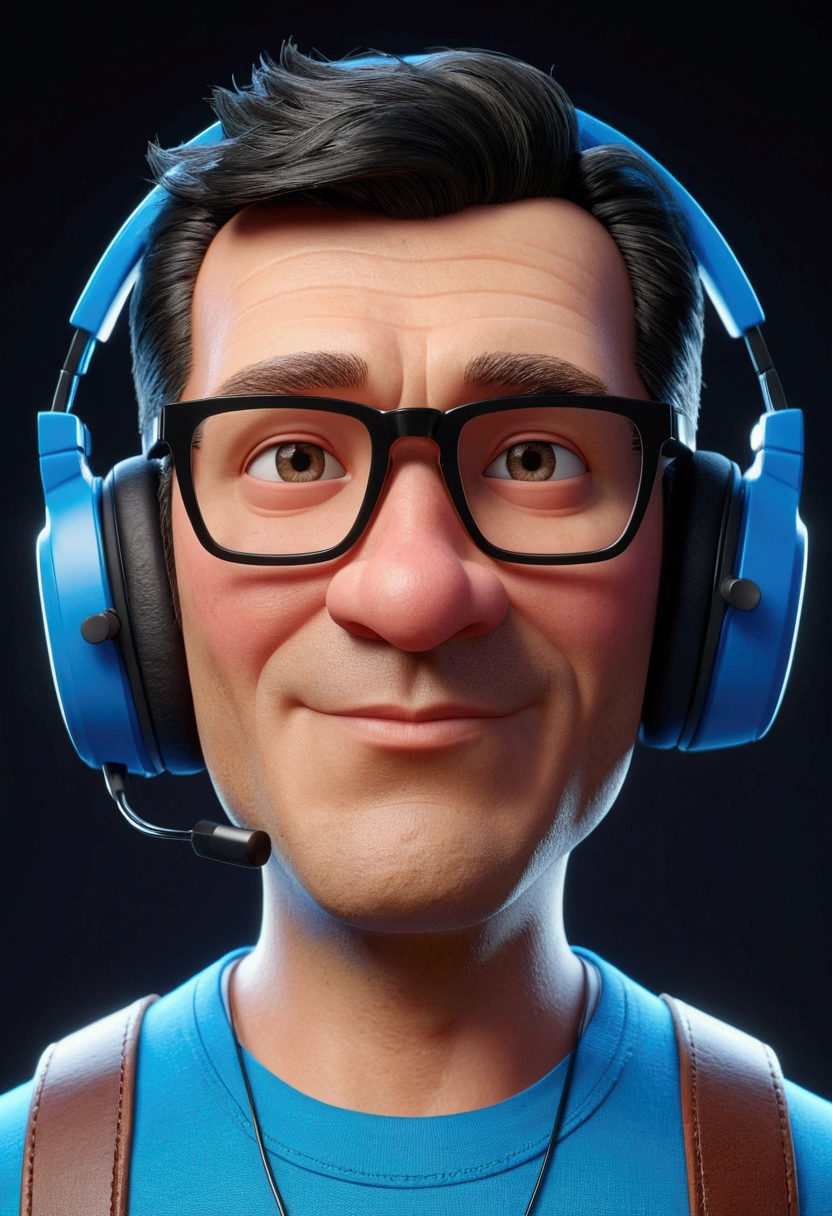 Cartoon character of a man in black glasses and blue shirt,gaming headset,animation character, stylized character, animation style rendering, 3d stylized, Arnold Maya rendering, Stylized 3D rendering, toon render screenshot, 3d character, 3d character, Stylized 3D rendering, 3D character rendering, cartoon character, Personagem de close up, character posing, (Pixar-style) (master part:1.2) (bokeh) (best qualityer) (skin detailed) (detailed texture) (8k) (Argilla) (cinematic lighting) (sharp focus