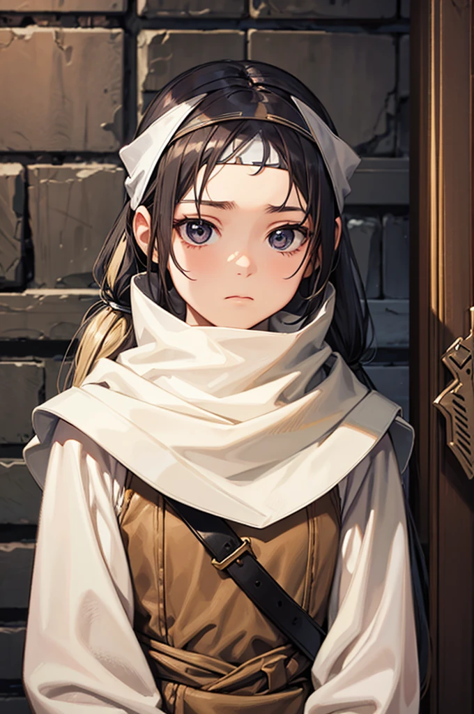 small child long hair standing cowl headband on forehead small room guarding protecting standing next to wall watching area no emotions sword on her back