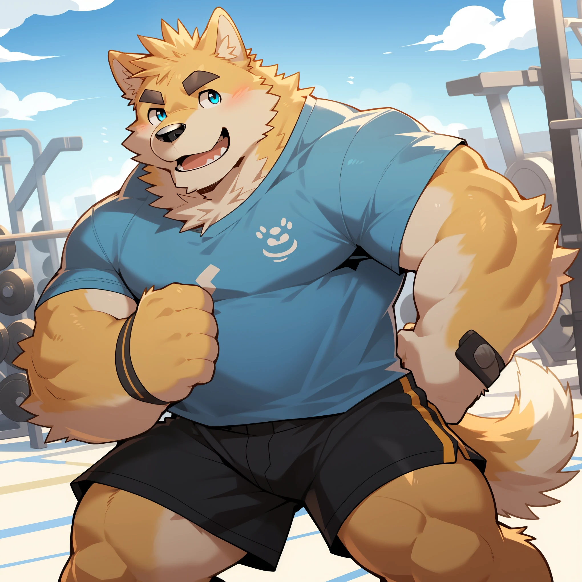 Scribble 金毛巡回dog face,Humanity(dog),(White short sleeve:1.3),Muscular,(Black eyebrows:1.1),(Perfect eyes),Yellow fur,(artist:Takemoto Arashi),Gym background,Wolf Tail,(Black shorts:1.3)。