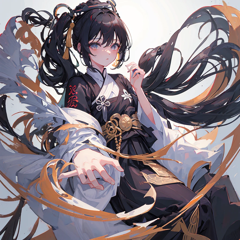 A girl wearing Hanfu,The clothes are black and white,The hair is black and white,Holding Go chess pieces,Ancient China,Black and white style,((Pure white background))
