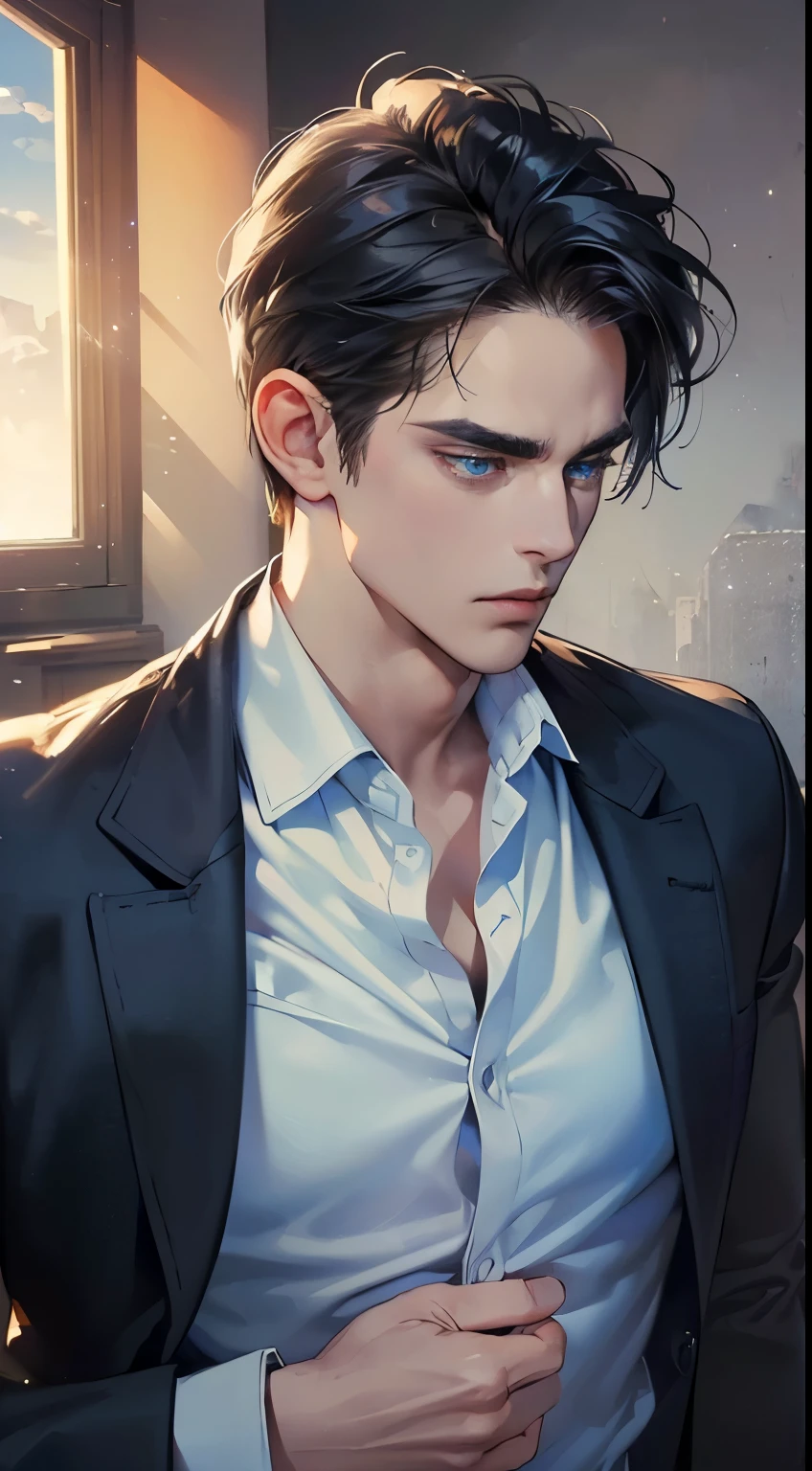 (best quality, masterpiece, 8K, photorealistic, cinematic lighting, 1:4 hdr image, ultra detailed, beautiful image), a mature man, 34 years very handsome, ((cold expression)), short black hair, blue eyes, face perfect without mistakes, ((buttoning his jacket, CEO))