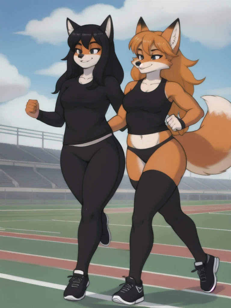 Furry, fox, female, black shirt, black leggings, shoes, running track, friends, full body