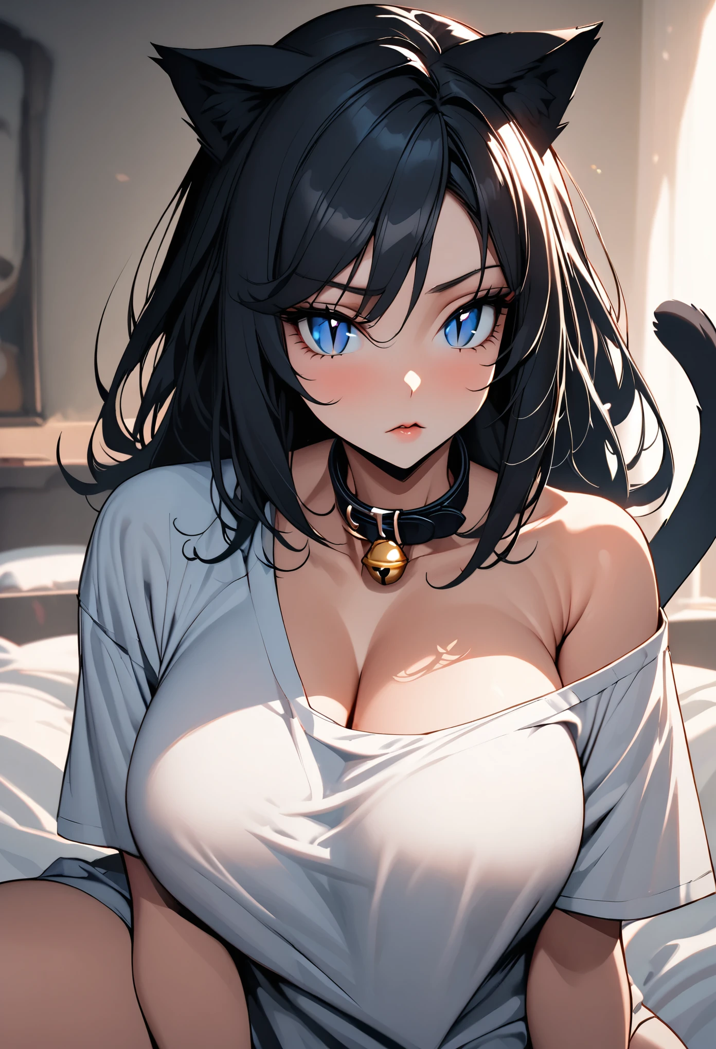 solo female, sitting on bed, oversized t-shirt, large breasts, young, blue eyes, slit pupils, straight long black hair, cat ears, cat tail, confused, morning, very cute, curvaceous, close up, cleavage, one bare shoulder, cat bell collar, close up, huge breasts, pinup pose, thick thighs