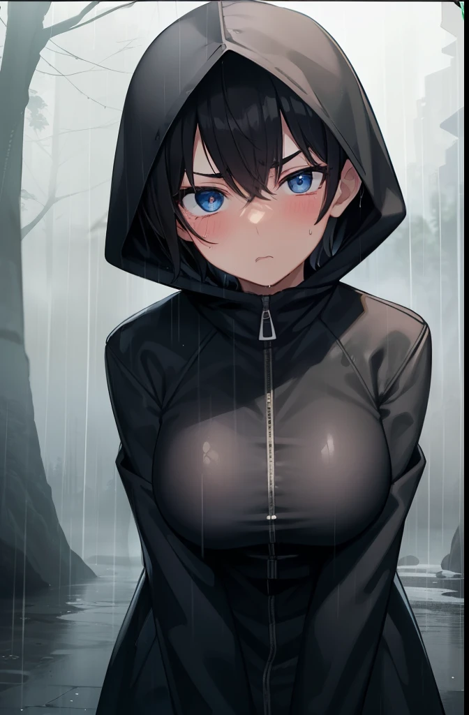 boyish,Very short hair,Black Hair,Large Breasts,Black raincoat,Put on the hood,Serious face,blue eyes,forest,Gloomy face,Wet,fog,cloudy,rain,barefoot,Half-close your eyes,Cowboy Shot,