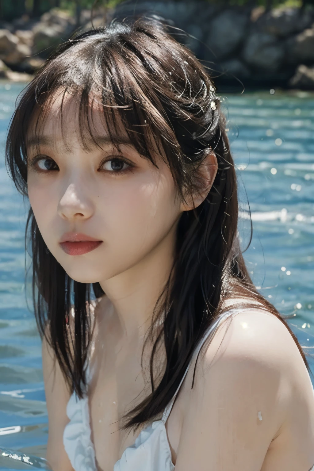 (8k, Highest quality, masterpiece:1.2), (Realistic, photoRealistic, photo-Realistic:1.37), Very detailed, Beautiful attention to detail, Beautifully detailed nose,、White swimsuit、Wet、Full body photo、