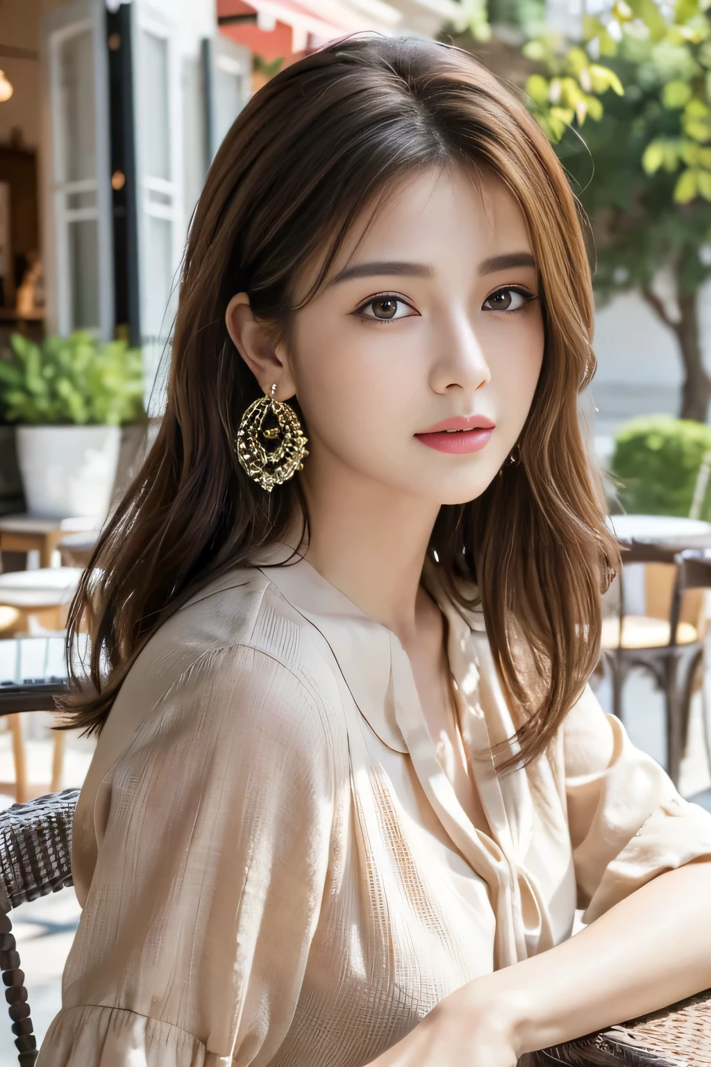 masterpiece, Highest quality, Realistic, Very detailed, Finer details, High resolution, 8k wallpaper, One beautiful woman,Wear a nice blouse, On the terrace of a lovely cafe, at noon, Light brown messy hair, Perfect dynamic composition, Beautiful and beautiful eyes、Big earrings、