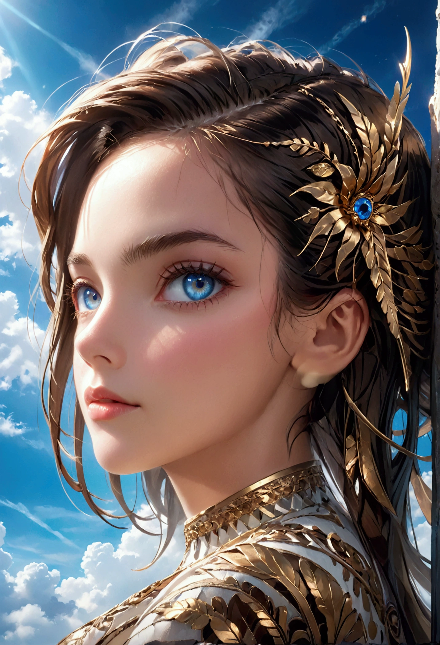 a woman facing sideways, looking at the camera, blue sky, dramatic blue lighting, beautiful detailed eyes, beautiful detailed lips, extremely detailed eyes and face, long eyelashes, photorealistic, 8k, hyperdetailed, cinematic lighting, natural lighting, dramatic colors, vibrant colors, intricate details, high quality, masterpiece, digital art, portrait