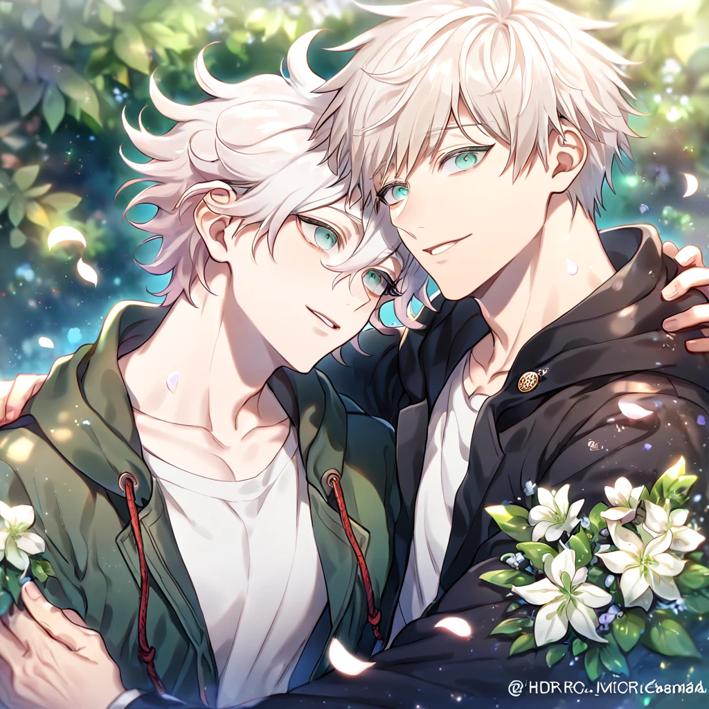 Ultra detailed, HDR, Highres, absurdres, master piece, Gojou Satoru, white hair with bangs, white eyelashes, expressive blue eyes, black coat, Jujutsu Kaisen, Komaeda Nagito, white hair, light gray-green eyes, two sexy men together, yaoi, gay couple, green coat with hoodie, white shirt, Danganronpa, handsome, flowers, petals, fantasy, magical, green leaves, summer, handsome, best quality, glittering, manly men, 