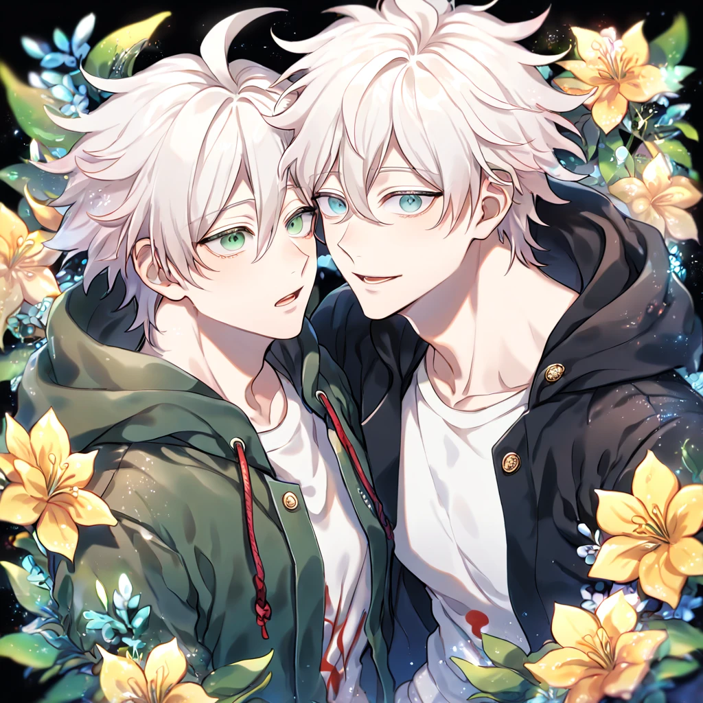 Ultra detailed, HDR, Highres, absurdres, master piece, Gojou Satoru, white hair with bangs, white eyelashes, expressive blue eyes, black coat, Jujutsu Kaisen, Komaeda Nagito, white hair, light gray-green eyes, two sexy men together, yaoi, gay couple, green coat with hoodie, white shirt, Danganronpa, handsome, flowers, petals, fantasy, magical, green leaves, summer, handsome, best quality, glittering, manly men, 