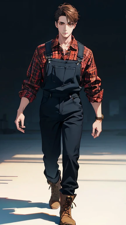 Full body, frontal,standing, killer, a man of 35 years old, male focus , v-taper body, , rough, {cut short hairstyle, very dark brown hair,
gold eyes, pale skin, beast claws }, (handsome), pretty perfect face, wearing a red and black checked flannel shirt, blue dungarees , work Boots (masterpiece), best quality, highest detail, superior quality, natural lighting, white background