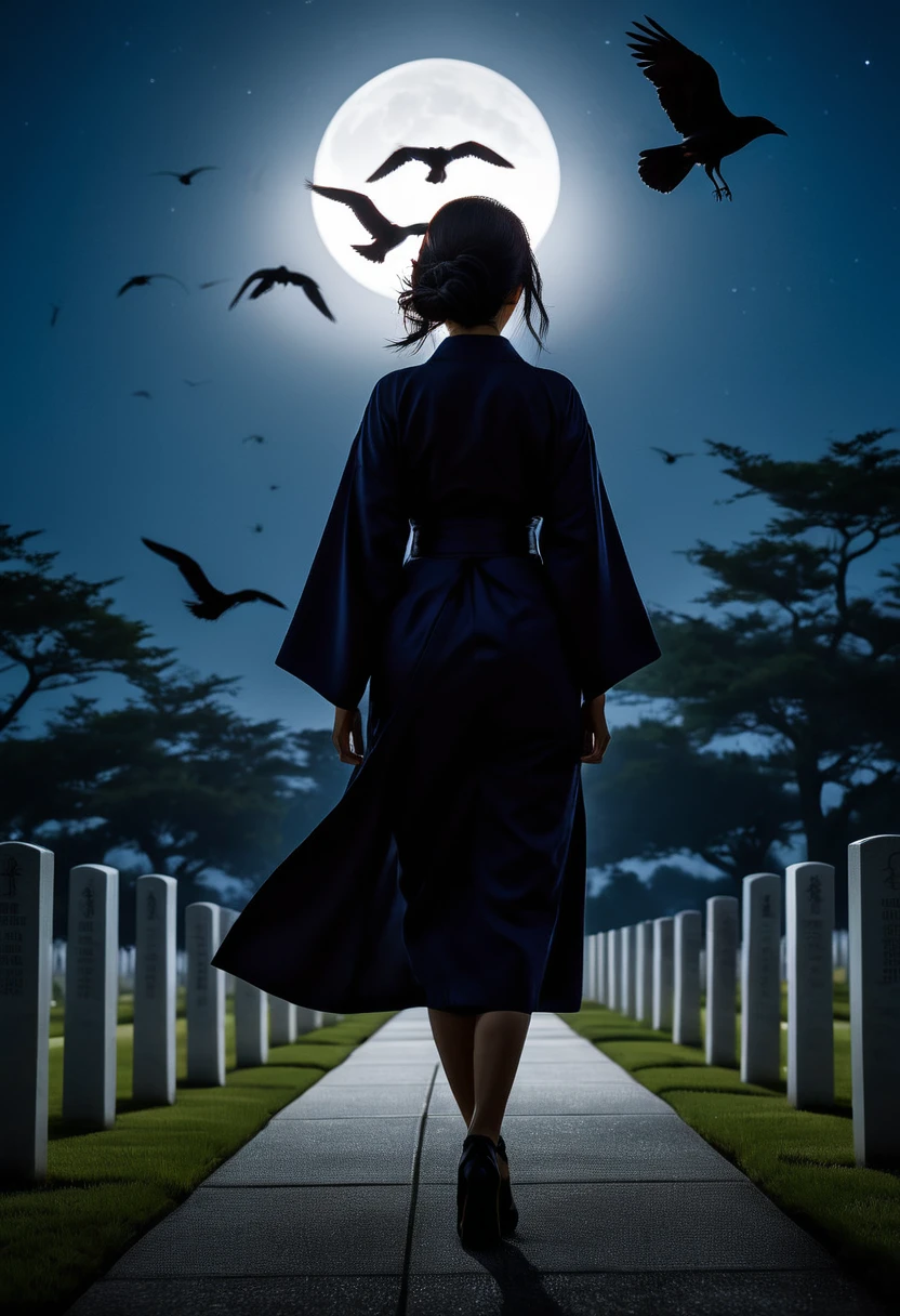 Silhouette of a Japanese woman in a kimono walking through an American cemetery at night under moonlight, holding a large machine gun、Many crows are flying、 oil, Chiaroscuro, Sensual, Dramatic lighting, Gloomy atmosphere, photoRealistic, Intricate details, masterpiece, Very detailed, high quality, 8k, 最high quality, Realistic, Cinematic, Dark and gloomy, Expressionistic, Powerful composition, Emotional impact, Art inspired by Bill Sienkiewicz Dark and moody color palette