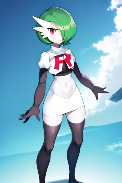 masterpiece, best_quality, 1girl, solo, gardevoir, creatures \(company\), game freak, nintendo, pokemon, pokemon \(game\), bangs, colored skin, female focus, gen 3 pokemon, green hair, green skin, hair over one eye, multicolored skin, pokemon \(creature\), red eyes, short hair, two-tone skin, white skin, team rocket,team rocket uniform,white skirt,red letter R,crop top,black thigh-highs,black elbow gloves