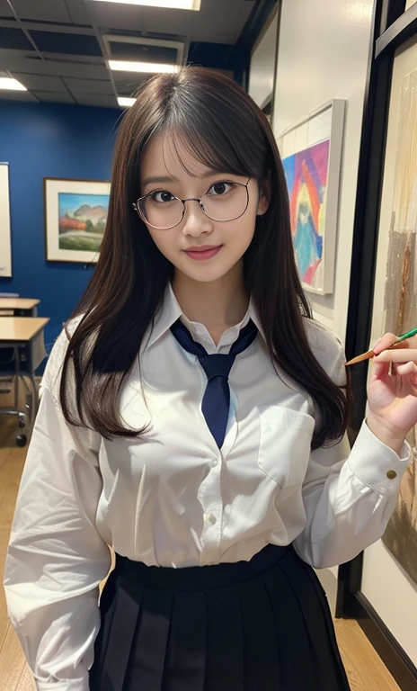 (A gorgeous Chinese lady, age 28, professional high-school lecturer & artist, wearing formal office attire, blazers, sky-blue tie, long-sleeve white shirt with buttons, pencil mini-skirt, ITZY sneakers, painting in an art room, 🖌️🎨 🌴
(fabulous, geeky, feminine, gentle,
friendly, goofy, fascinating, Graceful),
spectacles, #roundeyeware, #glasses, #eyeware, kind smile, dimpled cheeks, cute snaggle-tooth, short ponytail, short bob hair trimmed, short hair, symmetrical face, beautiful detailed face, bright_and_full_of_warmth_eyes, detailed eyes, ample round bosom, perfect body anatomy,
Award-winning, photorealistic, hyper-realism, high contrast, ultra HD, realistic skin textures, top image quality, top-quality, super high resolution, fine details, very meticulously, Vivid Colours, masterpiece, High angle shot, full body shot, cowboy shot, positive affirmation, serene ambience, bokeh night background, SFW)