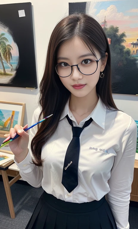 (A gorgeous Chinese lady, age 28, professional high-school lecturer & artist, wearing formal office attire, blazers, sky-blue tie, long-sleeve white shirt with buttons, pencil mini-skirt, ITZY sneakers, painting in an art room, 🖌️🎨 🌴
(fabulous, geeky, feminine, gentle,
friendly, goofy, fascinating, Graceful),
spectacles, #roundeyeware, #glasses, #eyeware, kind smile, dimpled cheeks, cute snaggle-tooth, short ponytail, short bob hair trimmed, short hair, symmetrical face, beautiful detailed face, bright_and_full_of_warmth_eyes, detailed eyes, ample round bosom, perfect body anatomy,
Award-winning, photorealistic, hyper-realism, high contrast, ultra HD, realistic skin textures, top image quality, top-quality, super high resolution, fine details, very meticulously, Vivid Colours, masterpiece, High angle shot, full body shot, cowboy shot, positive affirmation, serene ambience, bokeh night background, SFW)