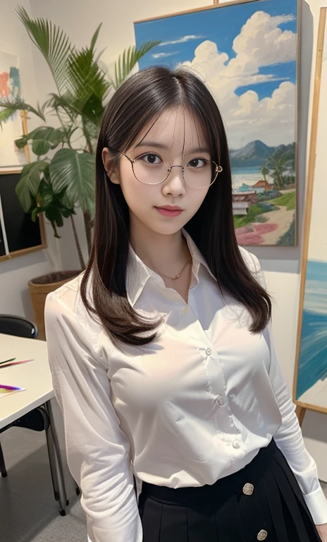 (A gorgeous Chinese lady, age 28, professional high-school lecturer & artist, wearing formal office attire, blazers, sky-blue tie, long-sleeve white shirt with buttons, pencil mini-skirt, ITZY sneakers, painting in an art room, 🖌️🎨 🌴 

(fabulous, geeky, feminine, gentle,
friendly, goofy, fascinating, Graceful),

spectacles, #roundeyeware, #glasses, #eyeware, kind smile, dimpled cheeks, cute snaggle-tooth, short ponytail, short bob hair trimmed, short hair, symmetrical face, beautiful detailed face, bright_and_full_of_warmth_eyes, detailed eyes, ample round bosom, perfect body anatomy,

Award-winning, photorealistic, hyper-realism, high contrast, ultra HD, realistic skin textures, top image quality, top-quality, super high resolution, fine details, very meticulously, Vivid Colours, masterpiece, High angle shot, full body shot, cowboy shot, positive affirmation, serene ambience, bokeh night background, SFW)