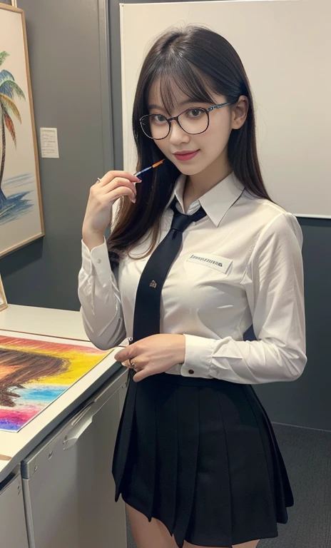 (A gorgeous Chinese lady, age 28, professional high-school lecturer & artist, wearing formal office attire, blazers, sky-blue tie, long-sleeve white shirt with buttons, pencil mini-skirt, ITZY sneakers, painting in an art room, 🖌️🎨 🌴 

(fabulous, geeky, feminine, gentle,
friendly, goofy, fascinating, Graceful),

spectacles, #roundeyeware, #glasses, #eyeware, kind smile, dimpled cheeks, cute snaggle-tooth, short ponytail, short bob hair trimmed, short hair, symmetrical face, beautiful detailed face, bright_and_full_of_warmth_eyes, detailed eyes, ample round bosom, perfect body anatomy,

Award-winning, photorealistic, hyper-realism, high contrast, ultra HD, realistic skin textures, top image quality, top-quality, super high resolution, fine details, very meticulously, Vivid Colours, masterpiece, High angle shot, full body shot, cowboy shot, positive affirmation, serene ambience, bokeh night background, SFW)