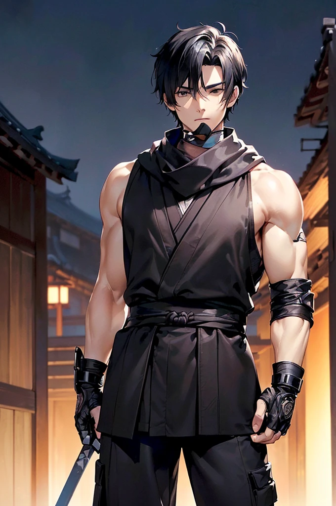 (((masterpiece; best quality: 1.2))), (finely detailed eyes: 1.3), ((1 young man)), ((solo)), (black eyes: 1.4), (body shape; lean, masculine: 1.3), (very short black hair: 1.3), (beautiful and clear background: 1.2), ((depth of field)), (equipment: black shinobi clothing + fully covered + black kimono + black pants + black scarf + black bracers + black fingerless gloves: 1.3), (anime illustration: 1.2), (background composition; old japanese mansion + night: 1.1), (extremely fine and handsome: 1.1), (shot composition; standing + centered on torso + close-up: 1.5), (facial expression; calm, stoic: 1.2)