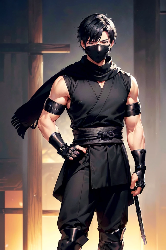 (((masterpiece; best quality: 1.2))), (finely detailed eyes: 1.3), ((ung man)), ((solo)), (black eyes: 1.4), (body shape; lean, masculine: 1.3), (very short black hair: 1.3), (beautiful and clear background: 1.2), ((depth of field)), (equipment: black shinobi clothing + fully covered + black kimono + black pants + black scarf + black bracers + black fingerless gloves: 1.3), (anime illustration: 1.2), (background composition; old japanese mansion + night: 1.1), (extremely fine and handsome: 1.1), (shot composition; standing + centered on torso + close-up: 1.5), (facial expression; calm, stoic: 1.2)