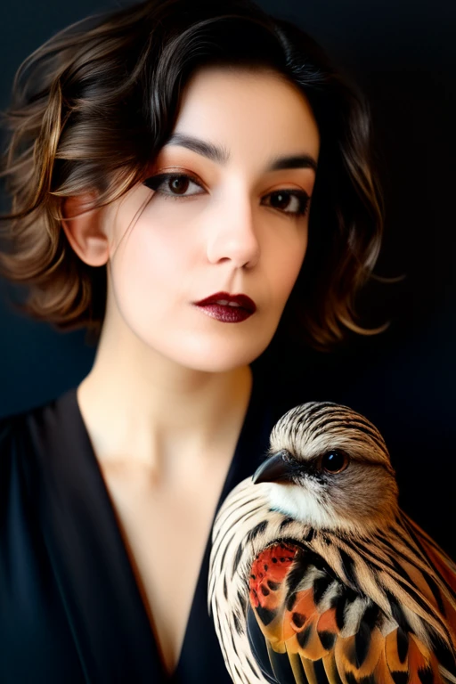 Beautiful young 22 yrs woman, (close-up, editorial photograph of [[a dead bird, (masterpiece:1.2), wide angle photo]], (background inside dark, moody, private study:1.3), full body portrait, by lee jeffries, nikon d850, film stock photograph, 4 kodak portra 400, camera f1.6 lens, rich colors, hyper realistic, lifelike texture, dramatic lighting, cinestill 800, Short wavy bob hair, Dark black hair, Dark Hazel eyes, Eye contact
