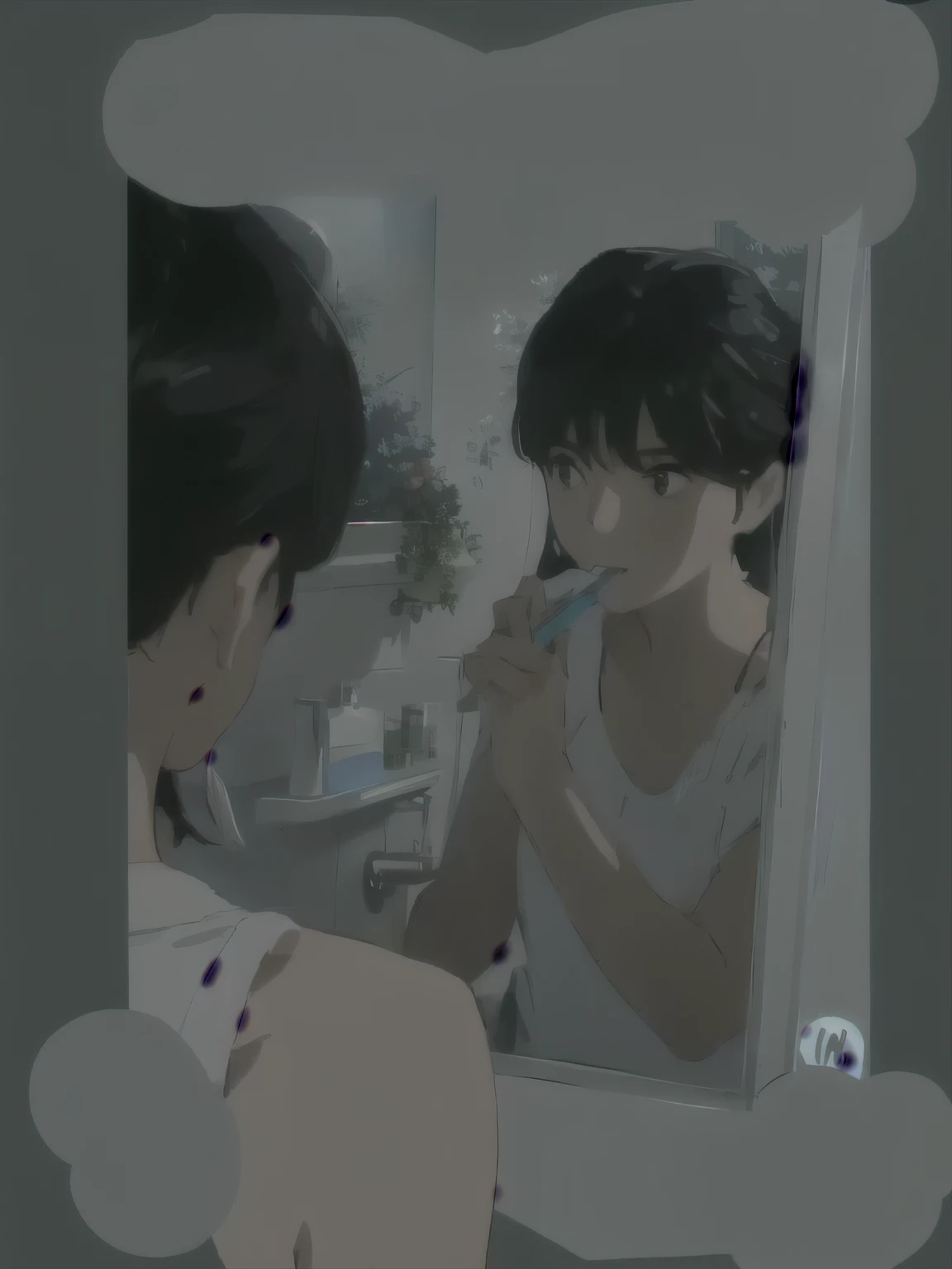 restroom,There is a woman brushing her teeth in front of a mirror, black hair,Long haired woman,gargle
