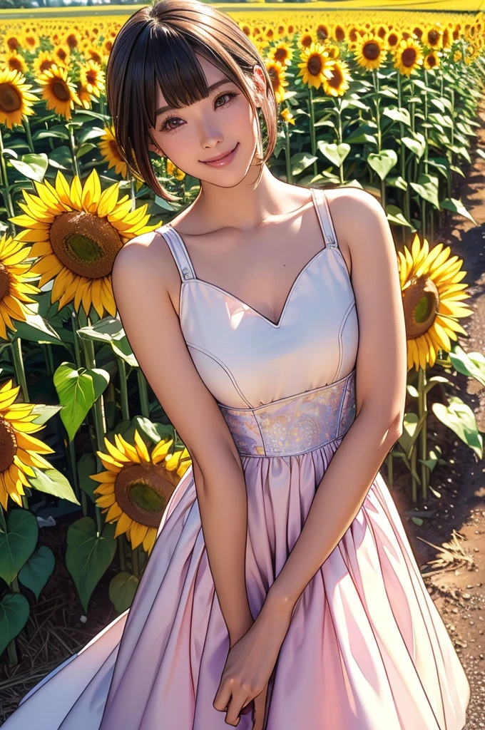 image quality:Highest Quality
Camera Focus: Blur the background
light:sidelight
person:20-year-old female,Japanese,
trace: Gal model trace sunflower field、Bright light、
Daytime hairstyles: Short Bob、With bangs
dress:Galシースルーカジュアルパステルピンク表情: The best smile、Gal
