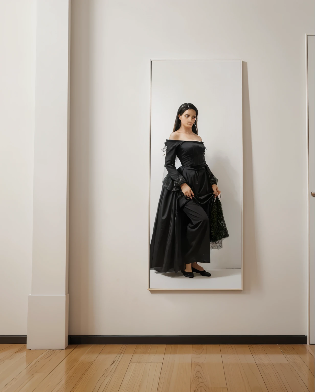 Create a mockup for me of a painting with a white background and black frame in exact measurements 80.0 tall and 35.0 wide stuck in a wall, everything in high quality and with some details in the scenery.